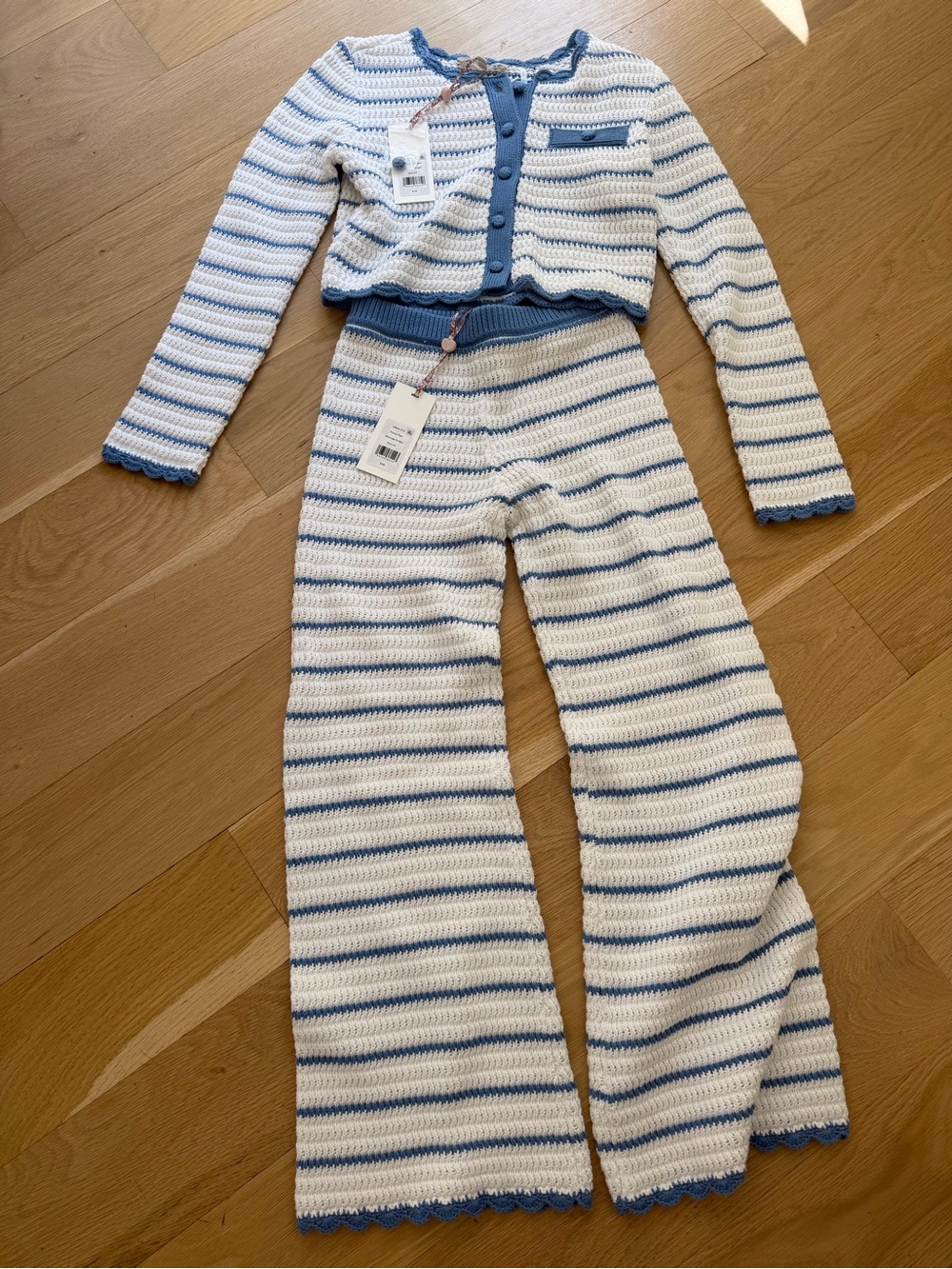 Loveshack Fancy Cropped Button-Front Crochet Cardigan and pants set